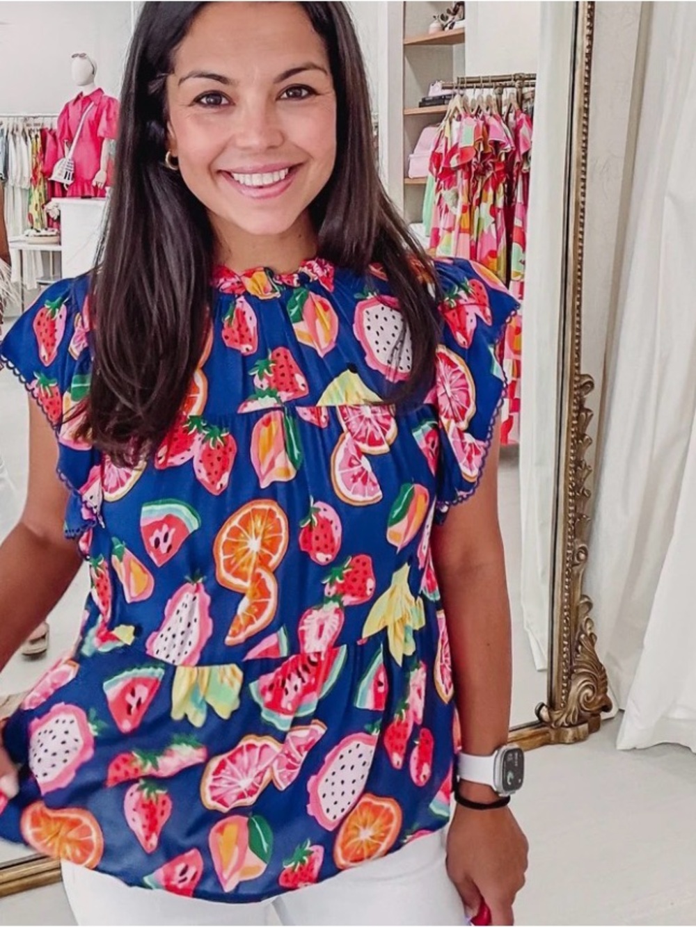 Bright Fruit Print Blue Flutter Sleeve Top